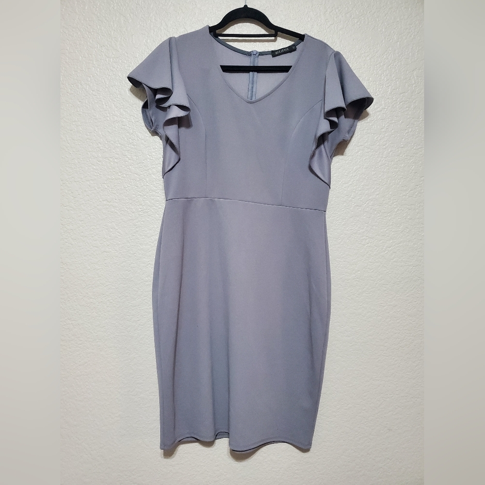 Mikarose Gray V-neck Flutter Sleeve Midi Sheath Dress Women's Size X-Large
